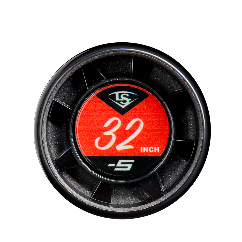 A close-up of a black badge with a red center shows “32 INCH -5” and an LS logo, highlighting the size and drop of the 2025 Louisville Slugger Atlas (-5) 2 5/8" USSSA Baseball Bat: WBL2981010.
