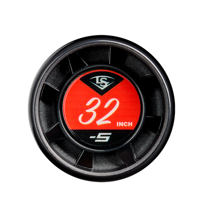 A close-up of a black badge with a red center shows “32 INCH -5” and an LS logo, highlighting the size and drop of the 2025 Louisville Slugger Atlas (-5) 2 5/8" USSSA Baseball Bat: WBL2981010.
