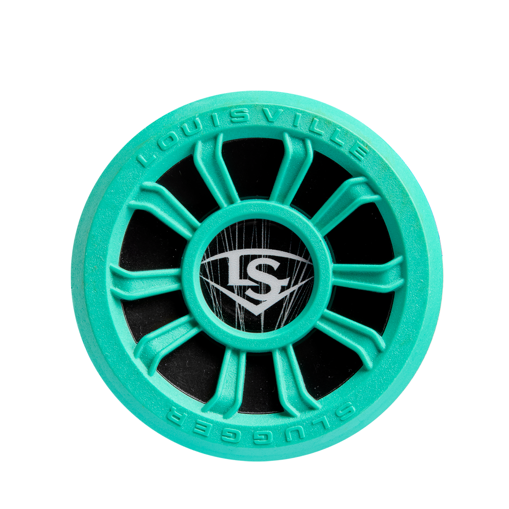 A turquoise and black circular item with a wheel design, LS logo at the center, and "Louisville Slugger Atlas" on the edge, inspired by the 2025 Louisville Slugger Atlas (-5) USSSA Baseball Bat: WBL2981010.