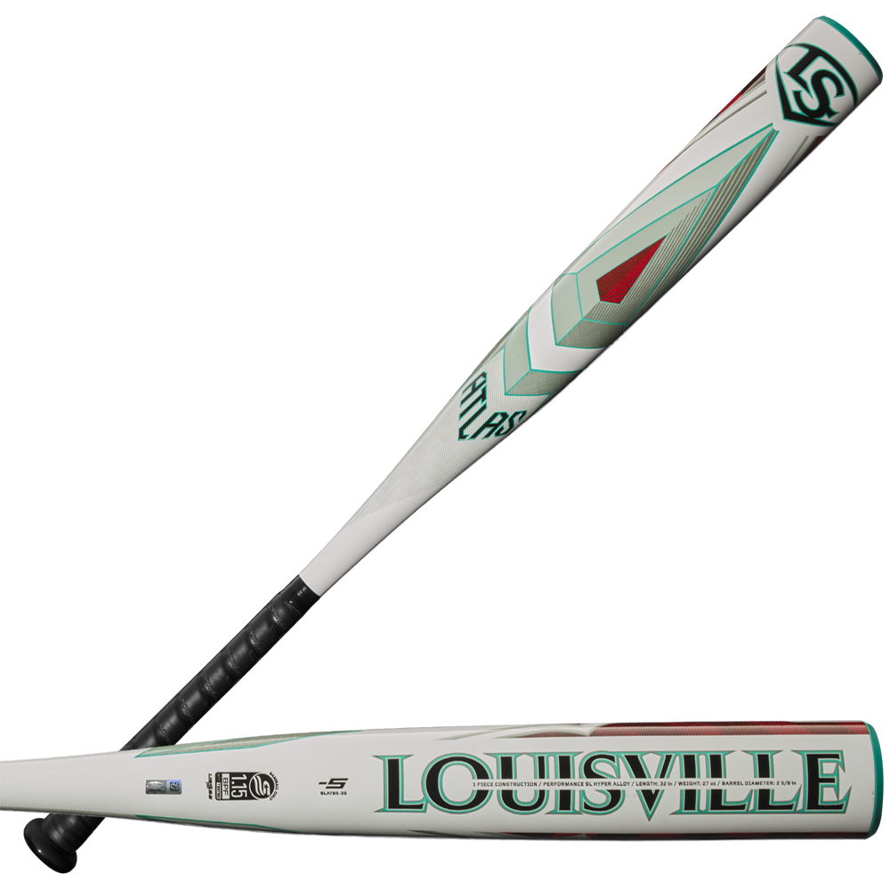 The 2025 Louisville Slugger Atlas (-5) USSSA Baseball Bat (WBL2981010) features a white and teal geometric design, black grip, balanced one-piece alloy construction, and bold LOUISVILLE lettering near the barrel.