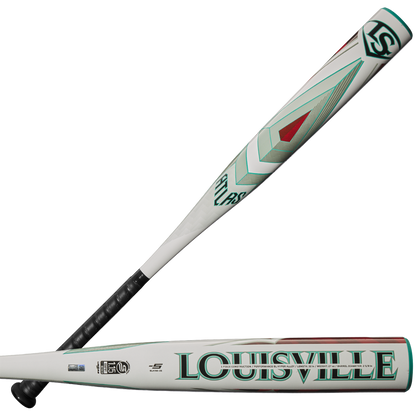 The 2025 Louisville Slugger Atlas (-5) USSSA Baseball Bat (WBL2981010) features a white and teal geometric design, black grip, balanced one-piece alloy construction, and bold LOUISVILLE lettering near the barrel.