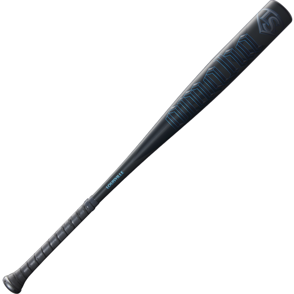 The 2025 Louisville Slugger Omaha (-3) BBCOR Baseball Bat (WBL2984010) is a black one-piece alloy bat featuring blue text, crafted by Louisville Slugger.