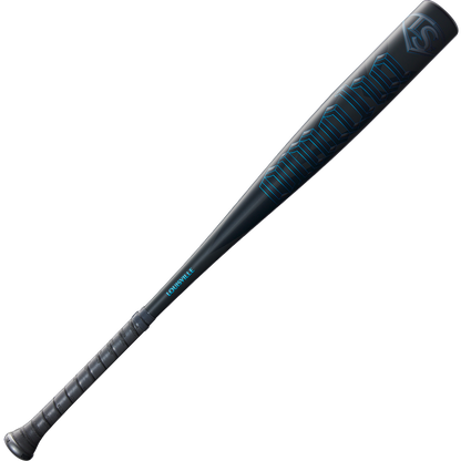 The 2025 Louisville Slugger Omaha (-3) BBCOR Baseball Bat (WBL2984010) is a black one-piece alloy bat featuring blue text, crafted by Louisville Slugger.