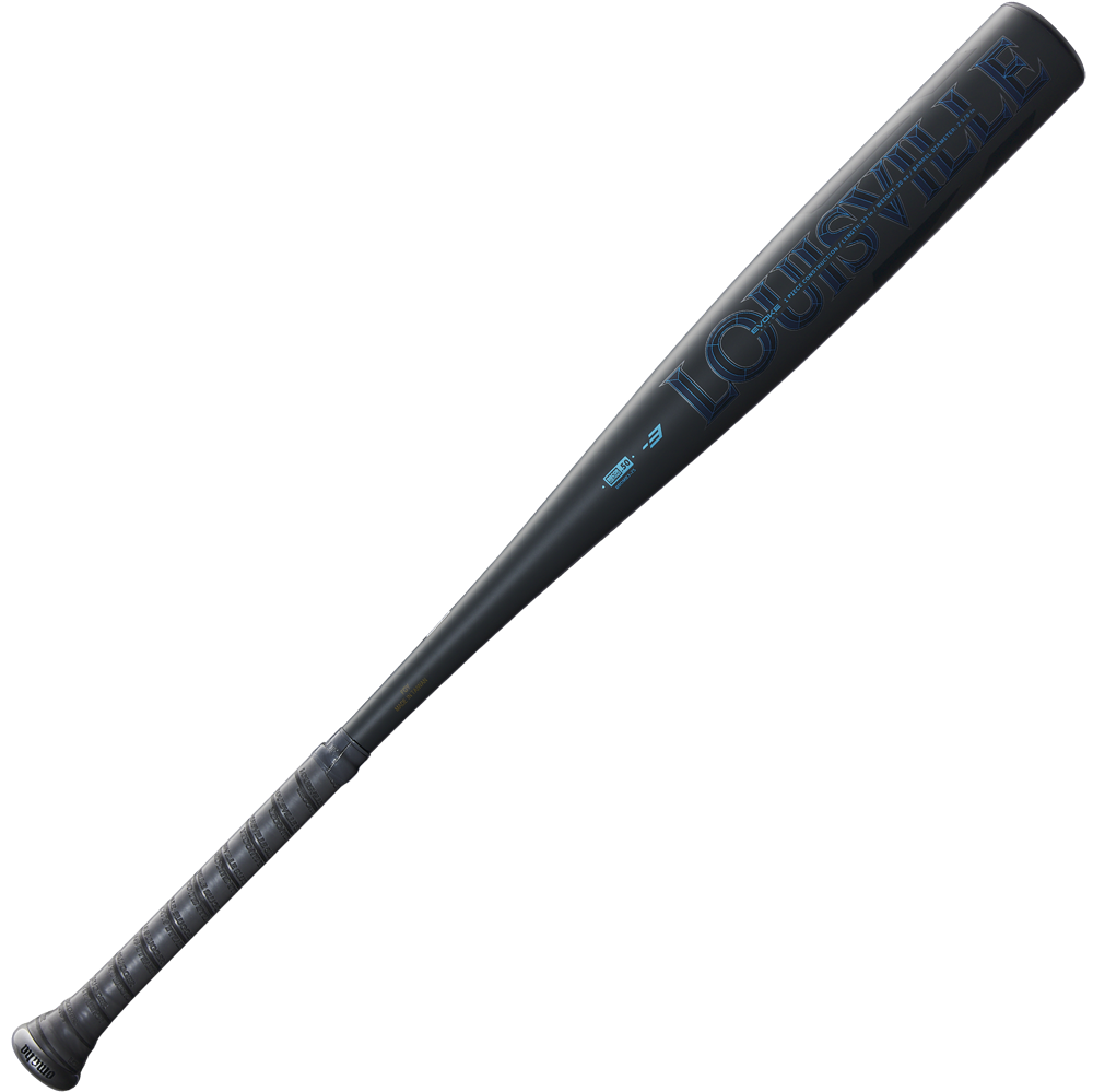 The 2025 Louisville Slugger Omaha (-3) BBCOR Baseball Bat: WBL2984010 (DEMO) is a black, one-piece alloy bat with a textured grip and “LOUISVILLE” in blue on the barrel, shown against a plain white background.