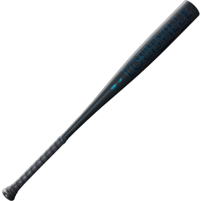 The 2025 Louisville Slugger Omaha (-3) BBCOR Baseball Bat: WBL2984010 (DEMO) is a black, one-piece alloy bat with a textured grip and “LOUISVILLE” in blue on the barrel, shown against a plain white background.