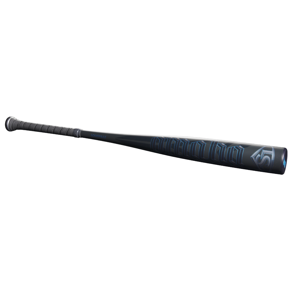 The 2025 Louisville Slugger Omaha (-3) BBCOR Baseball Bat (WBL2984010) features a black and blue alloy one-piece design, textured grip, and metallic blue barrel graphics, shown against a plain white background.