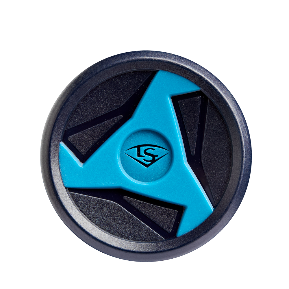 Round object with a dark rim and blue three-spoke center, featuring a small logo—evoking the sleek style of the 2025 Louisville Slugger Omaha (-3) BBCOR Baseball Bat: WBL2984010 by Louisville Slugger. The background is plain white.