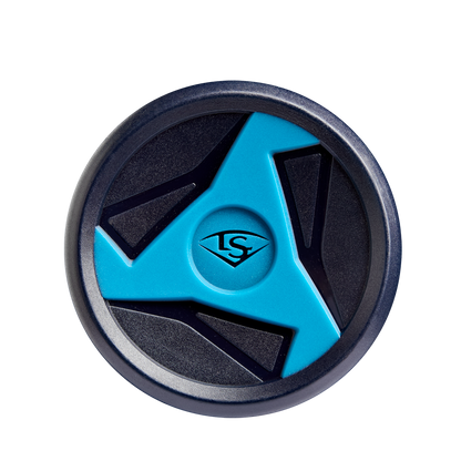 Round object with a dark rim and blue three-spoke center, featuring a small logo—evoking the sleek style of the 2025 Louisville Slugger Omaha (-3) BBCOR Baseball Bat: WBL2984010 by Louisville Slugger. The background is plain white.
