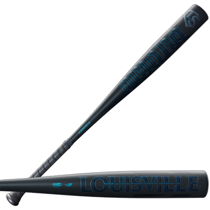 The 2025 Louisville Slugger Omaha (-3) BBCOR Baseball Bat (WBL2984010) is a black one-piece alloy bat with blue lettering from Louisville Slugger.