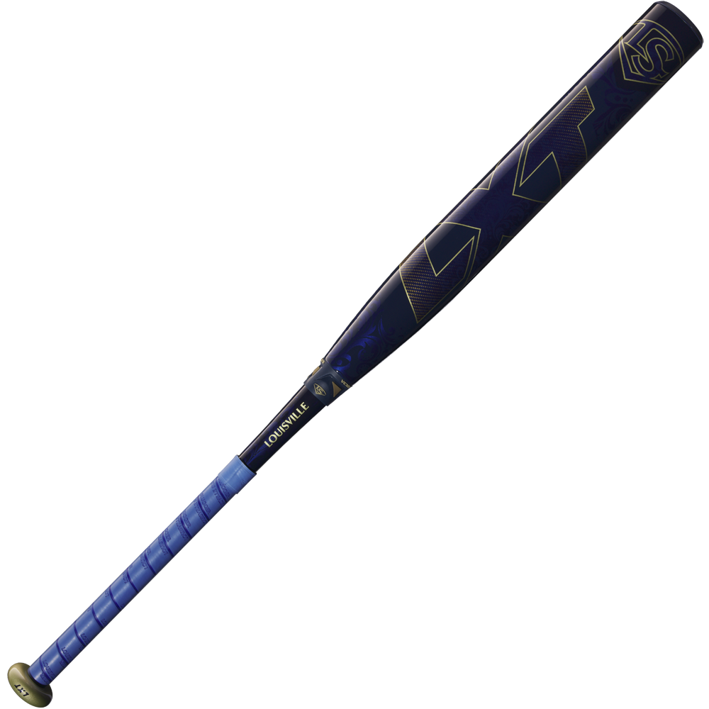 A 2025 Louisville Slugger LXT (-11) Fastpitch Softball Bat (WBL2993010) in blue and black with gold accents, LT letters on the barrel, a blue grip, and the Louisville Slugger brand name near the handle.