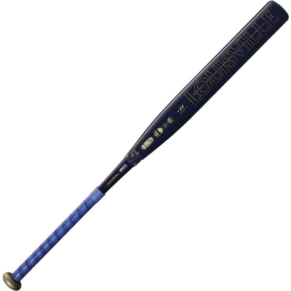 A 2025 Louisville Slugger LXT (-11) Fastpitch Softball Bat (WBL2993010) is displayed on a white background, featuring a black barrel with gold lettering and a blue grip tape handle.