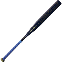 A 2025 Louisville Slugger LXT (-11) Fastpitch Softball Bat (WBL2993010) is displayed on a white background, featuring a black barrel with gold lettering and a blue grip tape handle.