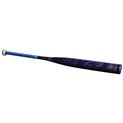 The 2025 Louisville Slugger LXT (-11) Fastpitch Softball Bat (WBL2993010) features a blue and black design with a blue grip and gold accents, shown on a white background.