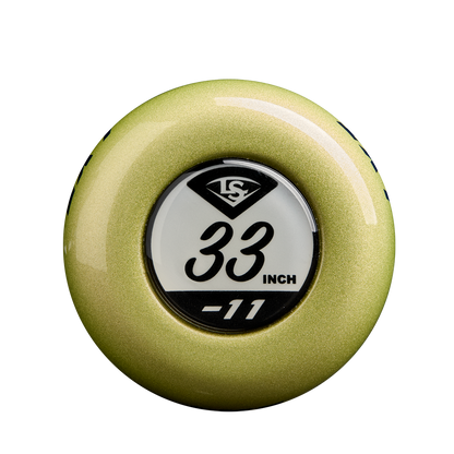 Gold bat knob featuring a white label with the Louisville Slugger LXT logo, 33-inch length, and -11—ideal for collectors or to complete your 2025 Louisville Slugger LXT (-11) Fastpitch Softball Bat (WBL2993010).