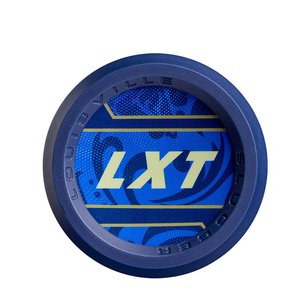 Close-up of the 2025 Louisville Slugger LXT (-11) Fastpitch Softball Bat (WBL2993010) end cap, showing the yellow LXT logo on a patterned blue background.