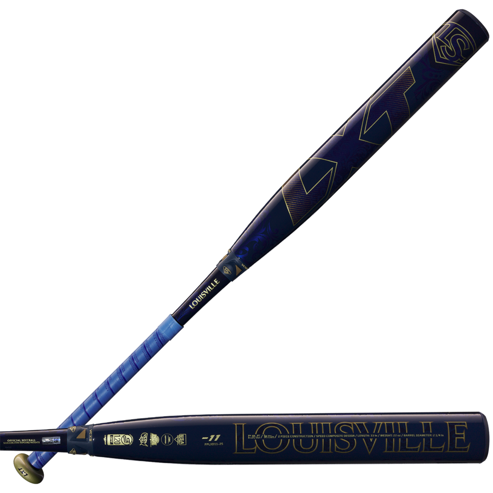 Two dark blue Louisville Slugger LXT (-11) Fastpitch Softball Bats (2025, WBL2993010) are shown—one flat, one upright—with gold accents, branding, logos, and blue grip tape on the handles from Louisville Slugger.