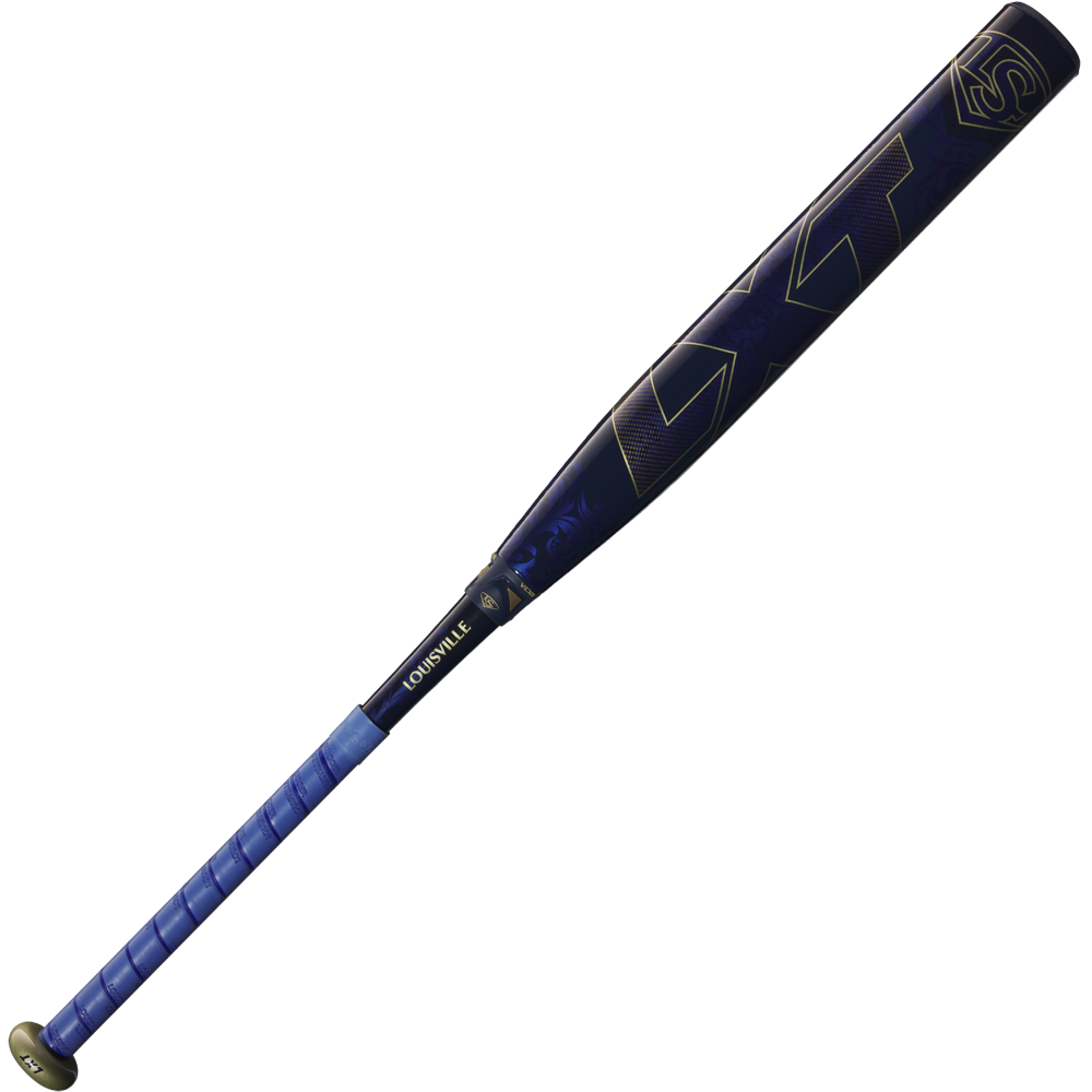 The 2025 Louisville Slugger LXT (-10) Fastpitch Softball Bat (WBL2994010) features a blue and black design with gold lettering, a wrapped grip, and the Louisville Slugger name near the handle.