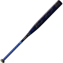 The 2025 Louisville Slugger LXT (-10) Fastpitch Softball Bat (WBL2994010) features a blue and black design with gold lettering, a wrapped grip, and the Louisville Slugger name near the handle.