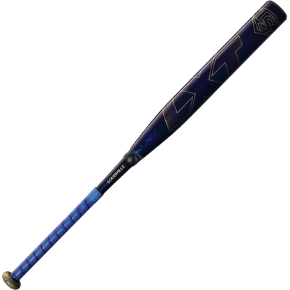 The 2025 Louisville Slugger LXT (-10) Fastpitch Softball Bat (WBL2994010) features a blue and black design with gold lettering, a wrapped grip, and the Louisville Slugger name near the handle.