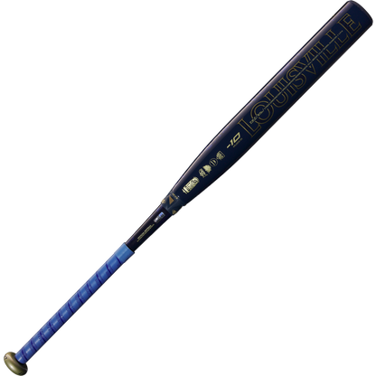 The 2025 Louisville Slugger LXT (-10) Fastpitch Softball Bat (WBL2994010) features blue coloring, gold lettering, and a wrapped grip on the handle, displayed against a plain white background.
