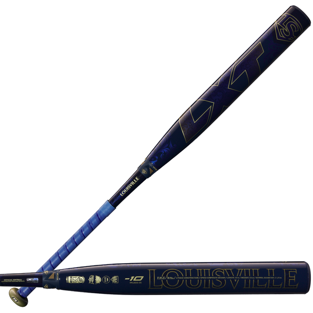 The 2025 Louisville Slugger LXT (-10) Fastpitch Softball Bat (WBL2994010) features blue and black colors with gold accents, displaying the Louisville Slugger brand and model details along the barrel and handle.