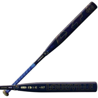 The 2025 Louisville Slugger LXT (-10) Fastpitch Softball Bat (WBL2994010) features blue and black colors with gold accents, displaying the Louisville Slugger brand and model details along the barrel and handle.