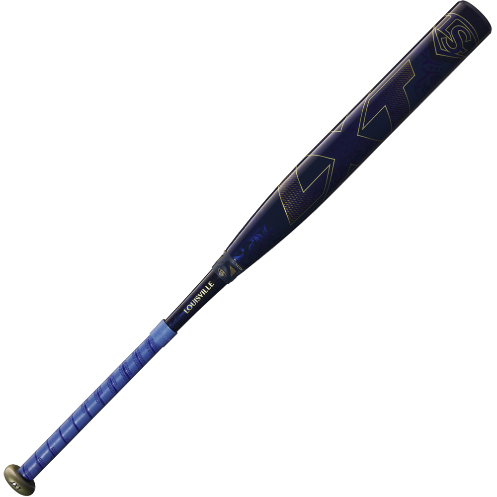 The 2025 Louisville Slugger LXT (-9) Fastpitch Softball Bat (WBL2995010) features a blue and black design with gold accents, “Louisville” on the handle, and a bold “XT” logo on the barrel, shown isolated on a white background.