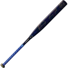 The 2025 Louisville Slugger LXT (-9) Fastpitch Softball Bat (WBL2995010) features a blue and black design with gold accents, “Louisville” on the handle, and a bold “XT” logo on the barrel, shown isolated on a white background.