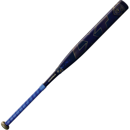 The 2025 Louisville Slugger LXT (-9) Fastpitch Softball Bat (WBL2995010) features a blue and black design with gold accents, “Louisville” on the handle, and a bold “XT” logo on the barrel, shown isolated on a white background.