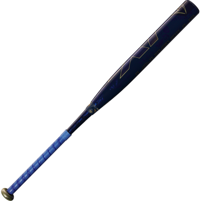 The 2025 Louisville Slugger LXT (-9) Fastpitch Softball Bat (WBL2995010), featuring a blue and black design with a metallic knob and blue grip, is displayed diagonally on a white background.