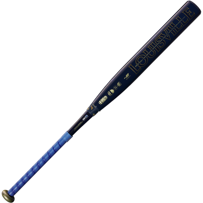 The 2025 Louisville Slugger LXT (-9) Fastpitch Softball Bat (WBL2995010) features a blue barrel with gold Louisville Slugger branding and a matching blue grip, shown on a plain white background.