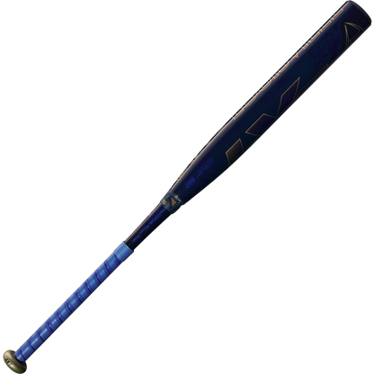 The 2025 Louisville Slugger LXT (-9) Fastpitch Softball Bat (WBL2995010) features a blue and black design with a light blue grip and gold accents, displayed against a white background.