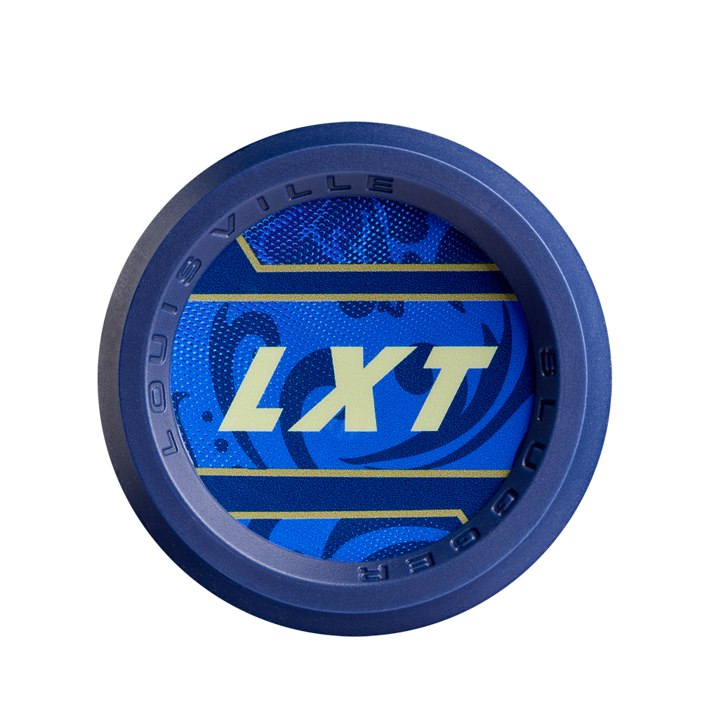 The 2025 Louisville Slugger LXT (-9) Fastpitch Softball Bat (WBL2995010) has a round blue and purple end cap with bold yellow LXT lettering, abstract patterns, and “LOUISVILLE SLUGGER” around the edge.