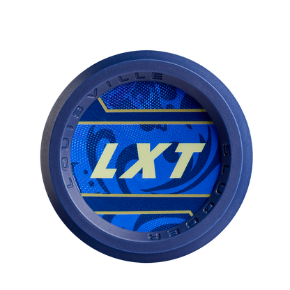 The 2025 Louisville Slugger LXT (-9) Fastpitch Softball Bat (WBL2995010) has a round blue and purple end cap with bold yellow LXT lettering, abstract patterns, and “LOUISVILLE SLUGGER” around the edge.