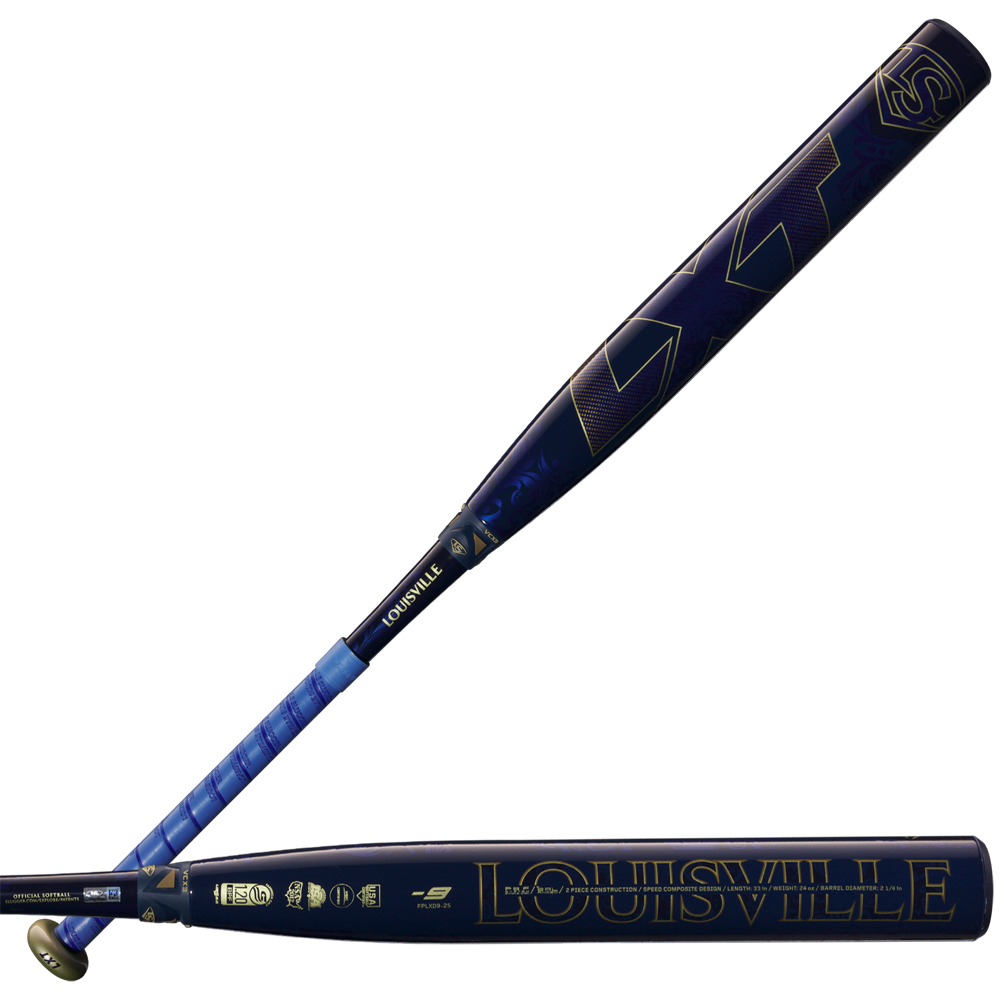 Two views of the 2025 Louisville Slugger LXT (-9) Fastpitch Softball Bat (WBL2995010) in blue with gold lettering, showcasing brand logos and a patterned blue grip on the handle.