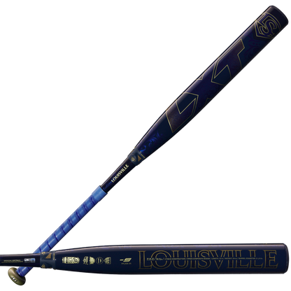 Two views of the 2025 Louisville Slugger LXT (-9) Fastpitch Softball Bat (WBL2995010) in blue with gold lettering, showcasing brand logos and a patterned blue grip on the handle.