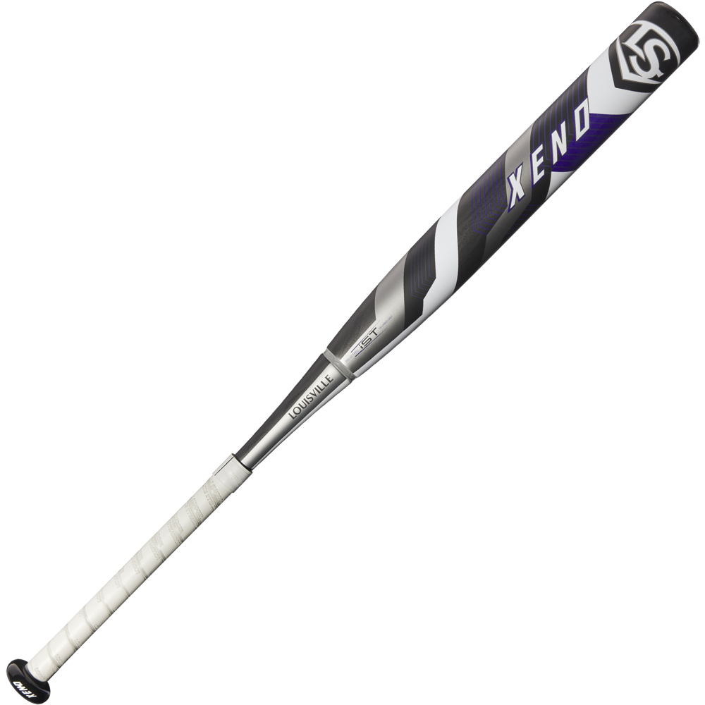 The 2025 Louisville Slugger Xeno (-10) Fastpitch Softball Bat (WBL2996010) features stiff two-piece construction, a dual-disc composite barrel, and a white grip with a black, purple, and white design—shown on a plain white background.