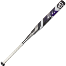 The 2025 Louisville Slugger Xeno (-10) Fastpitch Softball Bat (WBL2996010) features stiff two-piece construction, a dual-disc composite barrel, and a white grip with a black, purple, and white design—shown on a plain white background.