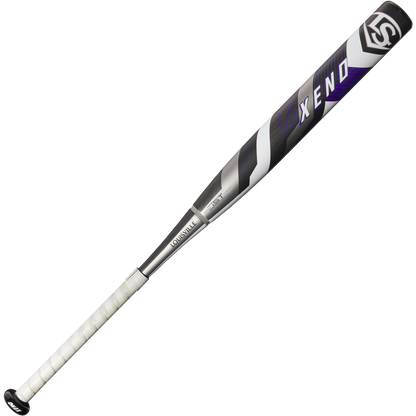 The 2025 Louisville Slugger Xeno (-10) Fastpitch Softball Bat (WBL2996010) features stiff two-piece construction, a dual-disc composite barrel, and a white grip with a black, purple, and white design—shown on a plain white background.