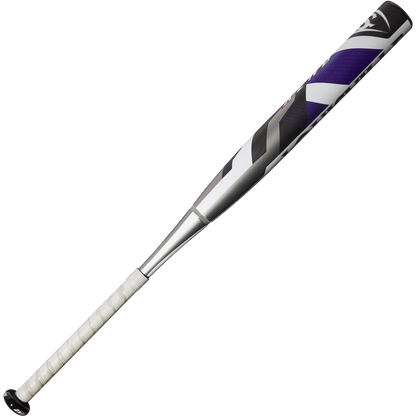 The 2025 Louisville Slugger Xeno (-10) Fastpitch Softball Bat (WBL2996010) features a silver and purple design with a white grip, stiff two-piece construction, and is showcased on a plain white background.