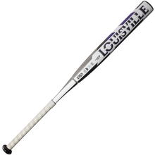 The 2025 Louisville Slugger Xeno (-10) Fastpitch Softball Bat (WBL2996010) features a silver and white dual-disc composite barrel with bold Louisville branding and a white taped handle for a secure grip.