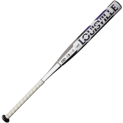 The 2025 Louisville Slugger Xeno (-10) Fastpitch Softball Bat (WBL2996010) features a silver and white dual-disc composite barrel with bold Louisville branding and a white taped handle for a secure grip.