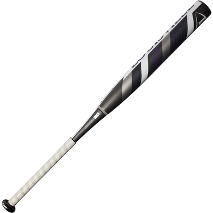The 2025 Louisville Slugger Xeno (-10) Fastpitch Softball Bat (WBL2996010), in silver and black with a white grip and stiff two-piece construction, is displayed on a plain white background.