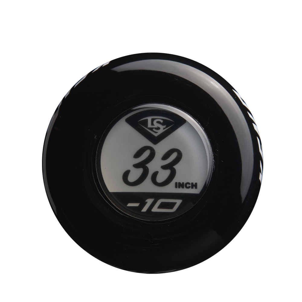 Close-up of the end cap on the 2025 Louisville Slugger Xeno (-10) Fastpitch Softball Bat, showing "33 INCH" and "-10" in white, a logo above, and stiff two-piece construction for optimal performance.