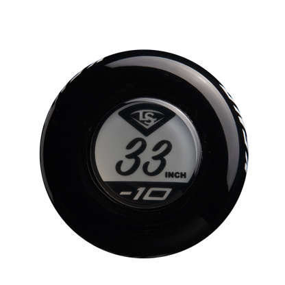 Close-up of the end cap on the 2025 Louisville Slugger Xeno (-10) Fastpitch Softball Bat, showing "33 INCH" and "-10" in white, a logo above, and stiff two-piece construction for optimal performance.