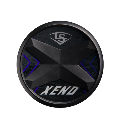 A black circular object with a raised X design, blue accents, and “XENO” in bold white letters at the bottom recalls the sleek style of the Louisville Slugger 2025 Xeno (-10) Fastpitch Softball Bat: WBL2996010, famed for its stiff two-piece build.