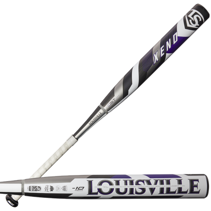 Two views of the 2025 Louisville Slugger Xeno (-10) Fastpitch Softball Bat (WBL2996010) in black, silver, and purple, showcasing bold branding and a dual-disc composite barrel for top performance.