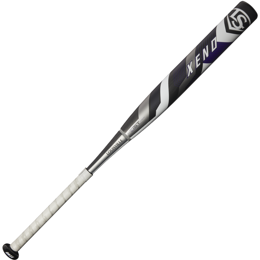 The 2025 Louisville Slugger Xeno (-9) Fastpitch Softball Bat (WBL2997010) features a black, silver, and purple design with a white grip handle and a durable composite barrel, shown on a plain white background.