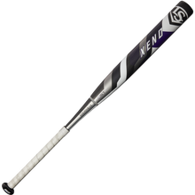 The 2025 Louisville Slugger Xeno (-9) Fastpitch Softball Bat (WBL2997010) features a black, silver, and purple design with a white grip handle and a durable composite barrel, shown on a plain white background.
