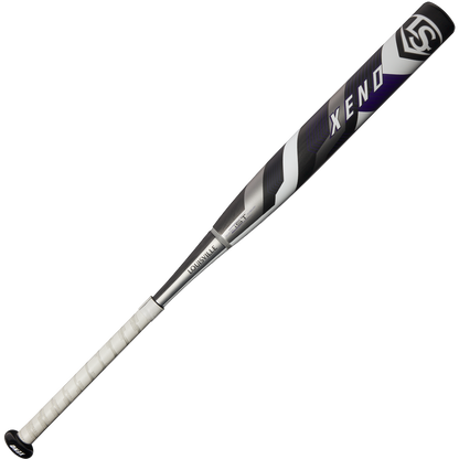 The 2025 Louisville Slugger Xeno (-9) Fastpitch Softball Bat (WBL2997010) features a black, silver, and purple design with a white grip handle and a durable composite barrel, shown on a plain white background.